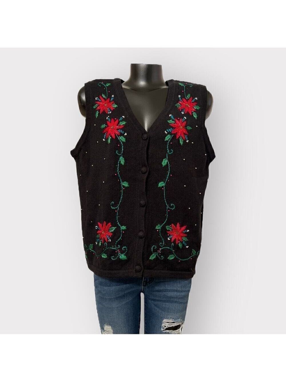 Sarah Bentley VTG Ugly Christmas Sweater Vest sz L Knit Top Holiday Poinsettia